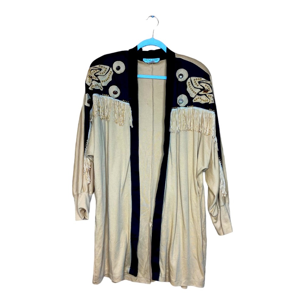 Vintage long sleeve duster with Fringe and flower appliqué. “Pat and Jane” brand